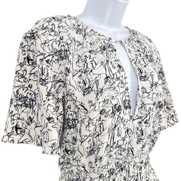 Open Edit Abstract Print Keyhole Blouse Black White Size XS - Picture 2 of 9